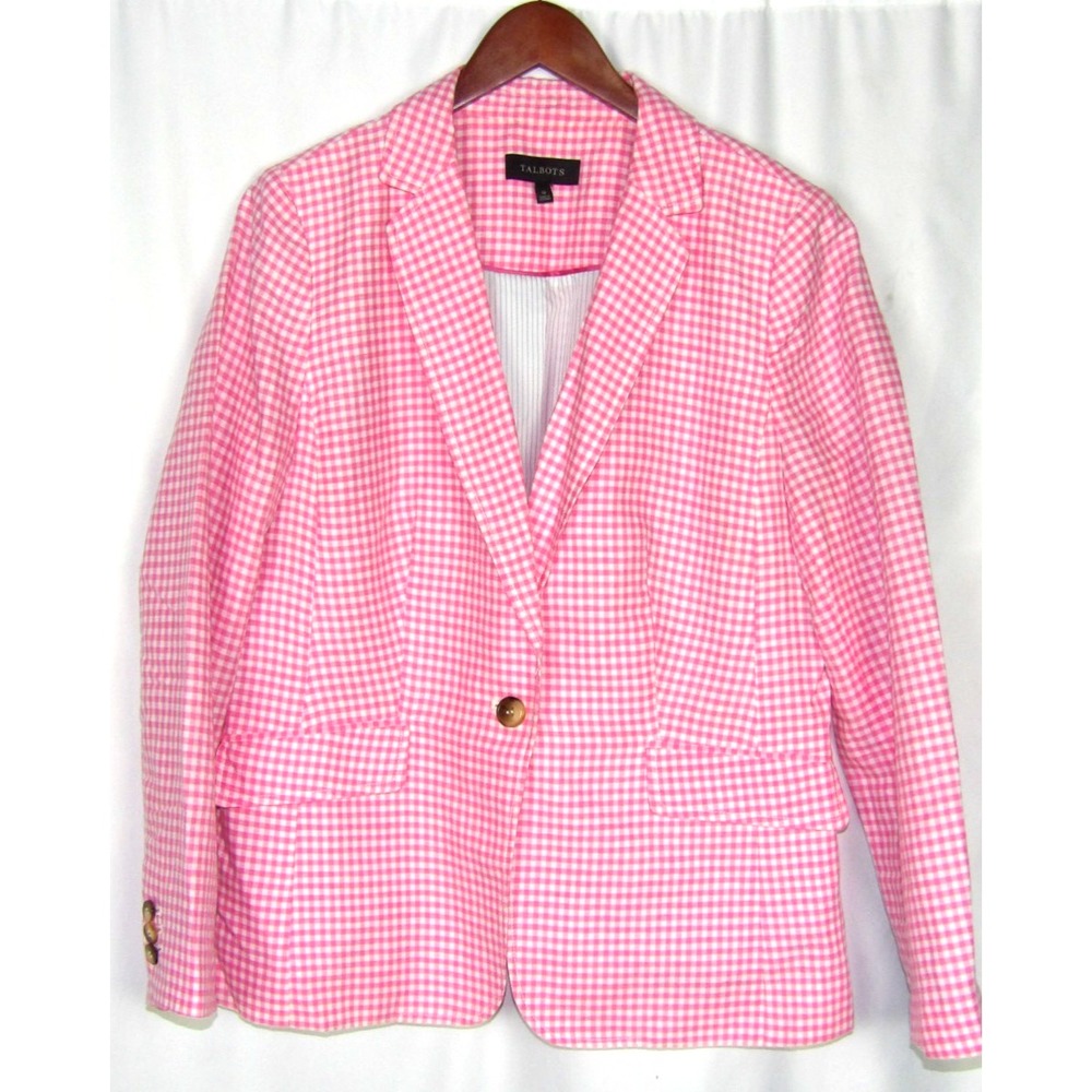 TALBOTS 1 Button Pink Gingham Linen/Cotton Office Blazer Women's 12
